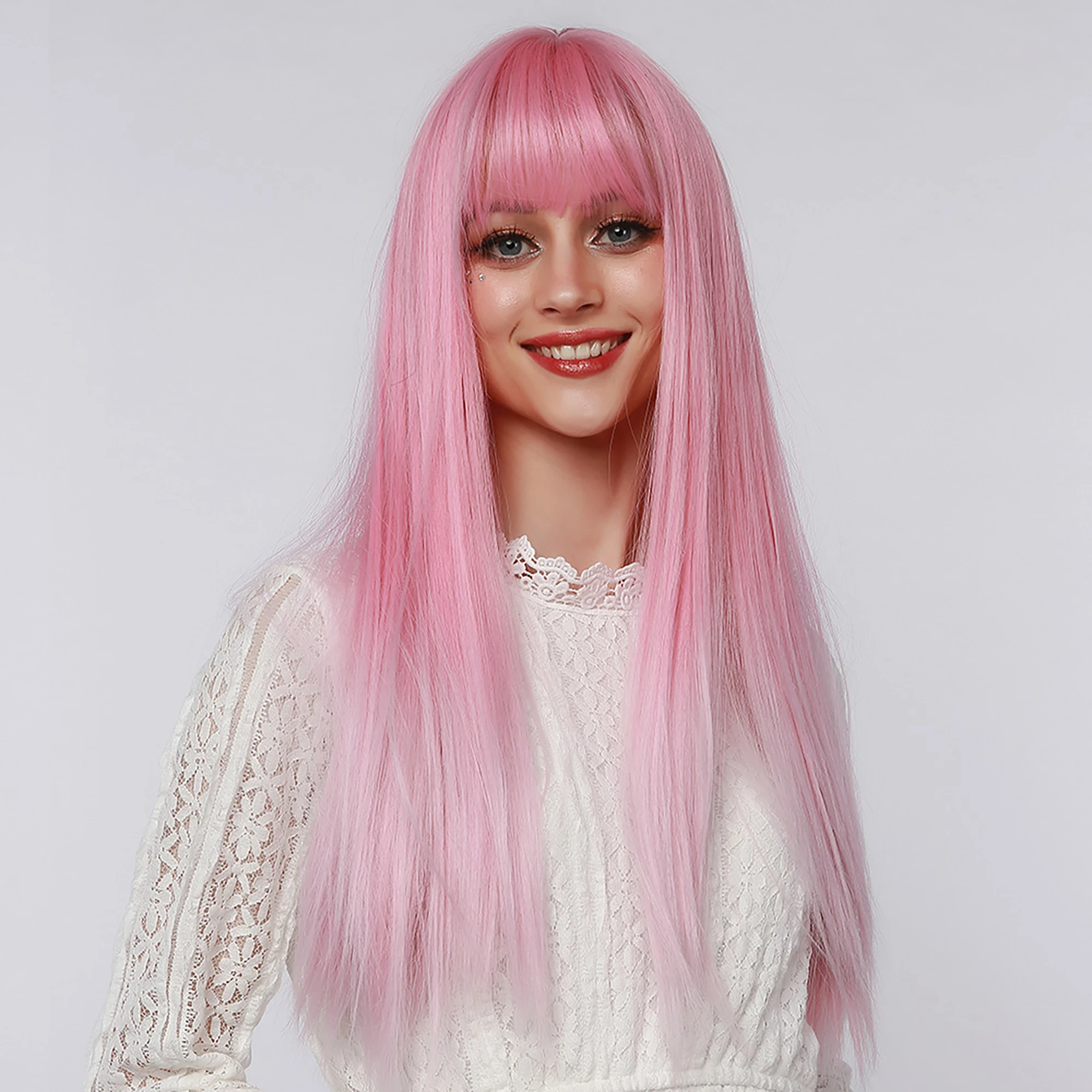 BVR Wholesale Long Straight Pink Color Heat Resistant Synthetic Hair Wigs