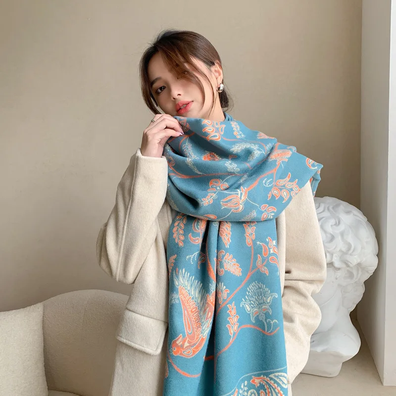 Zandy OEM&ODM winter shawl ethnic style imitation cashmere scarf for women Blue Bird Cashew Nut Warm Scarf