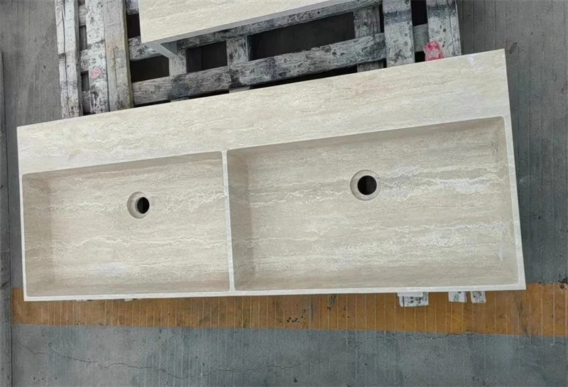 Factory Price Wall Mounted Bathroom Stone Basin Beige Travertine Wall Hanging Rectangle Bathroom Sink