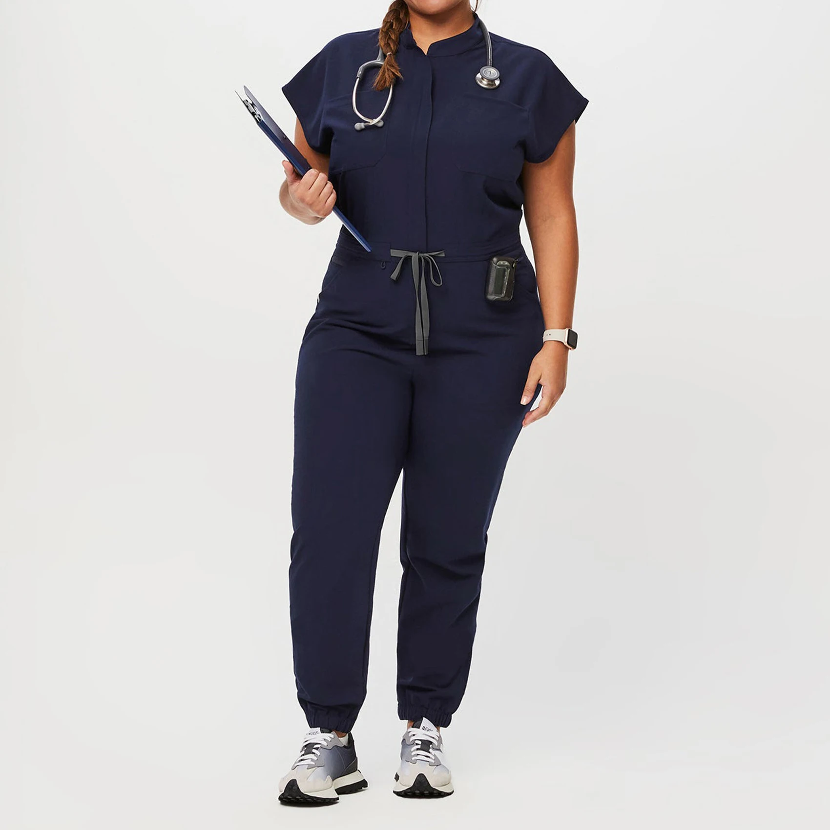stylish women hospital security uniform navy blue color new style plus size oem custom one piece nursing jumpsuit scrubs set