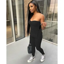 EB-2022052414   Ribbed 2 Piece Pants Set Women Off Shoulder Slim Fit Casual Two Piece Set Dresses Women 2022 Summer Clothes