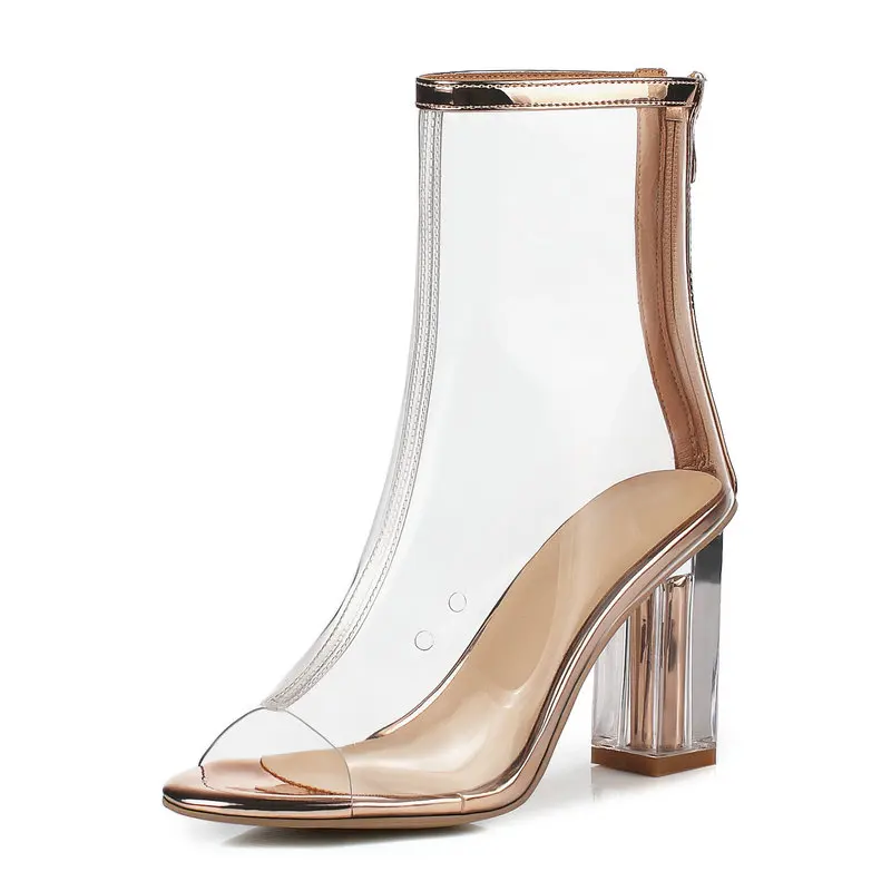 PVC Jelly Women Ankle Boots Transparent Peep Toe Ankle Boots Square High Heel Back Zip Short Booties