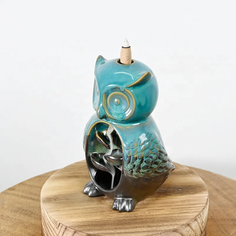 Blue glaze Owl style sculpture design incense cones waterfall Smoke Back Flow Ceramic Backflow Incense Burner