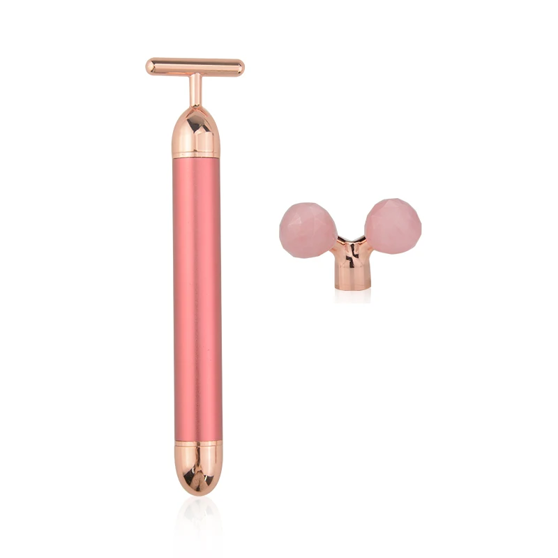 Оптовая продажа, электрический ролик из розового кварца с логотипом на заказ для лифтинга лица, вибрационный нефритовый ролик для массажа лица