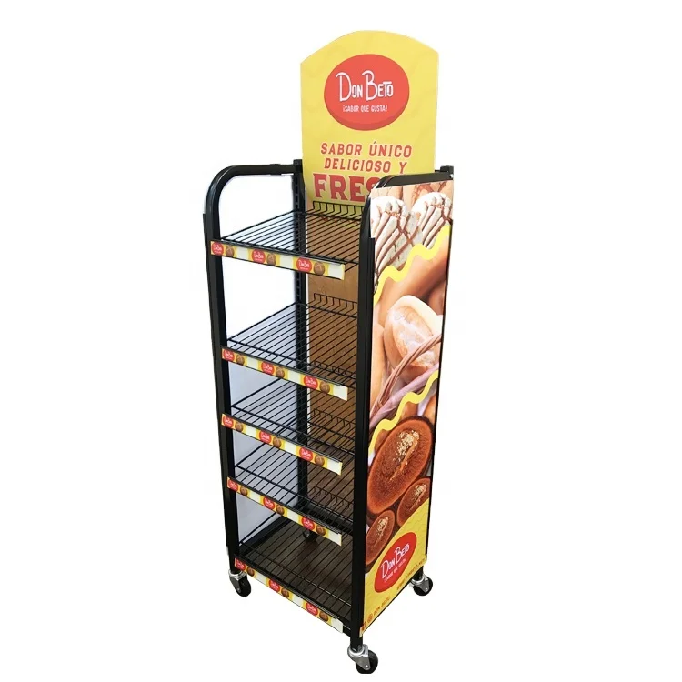 Supermarket POS floor standing rotated metal wire basket advertising bakery food display stand with wheels