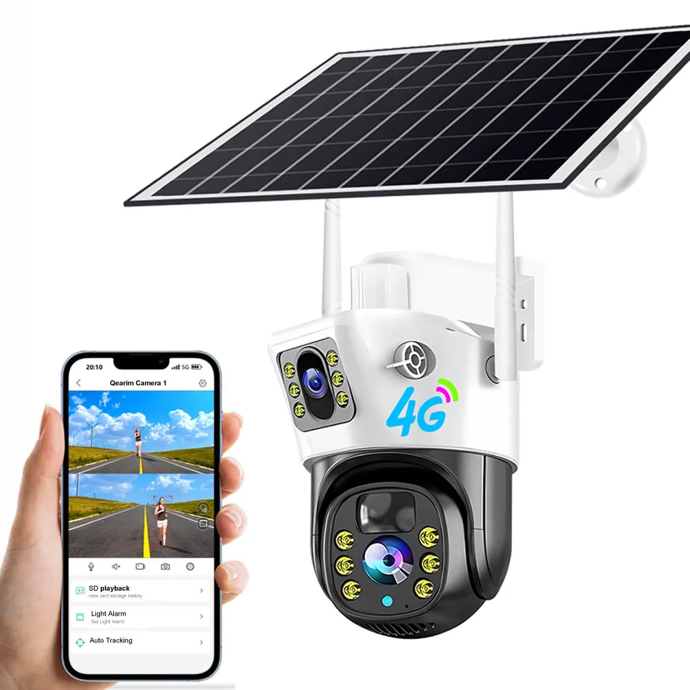 New Low power PIR outdoor wireless solar power bullet and dome linkage security ip PTZ camera V380 pro dual lens solar 4G camera