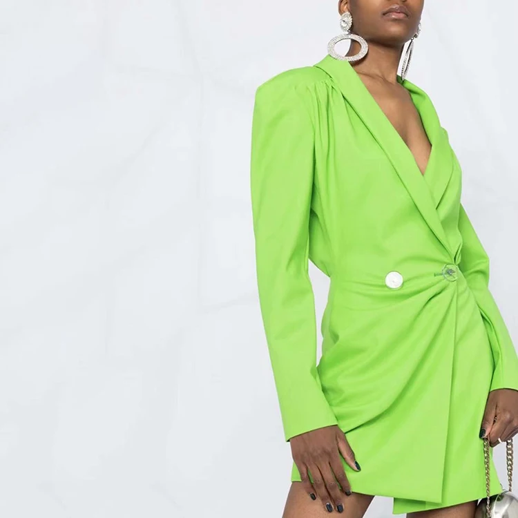 2021 Latest Design Summer Women Fashion Clothing Fitted Fluorescent Green Button Up Long Sleeve Suits Dress
