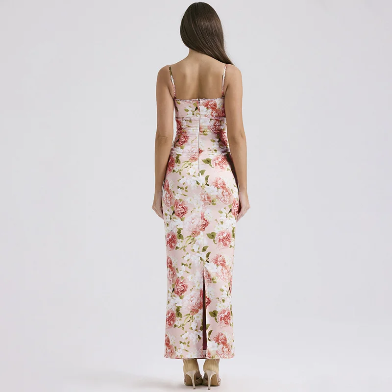 High Quality Elegant Vintage Long Dress Floral Printed Open Back V Neck Split New Fashion Sexy Evening Party Banquet Dress Bag