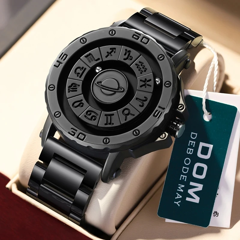 DOM Creative Rolling Pointer Magnetic Men Fashion Cool Trend Waterproof Stainless Steel Quartz Watch Twelve Constellations Watch