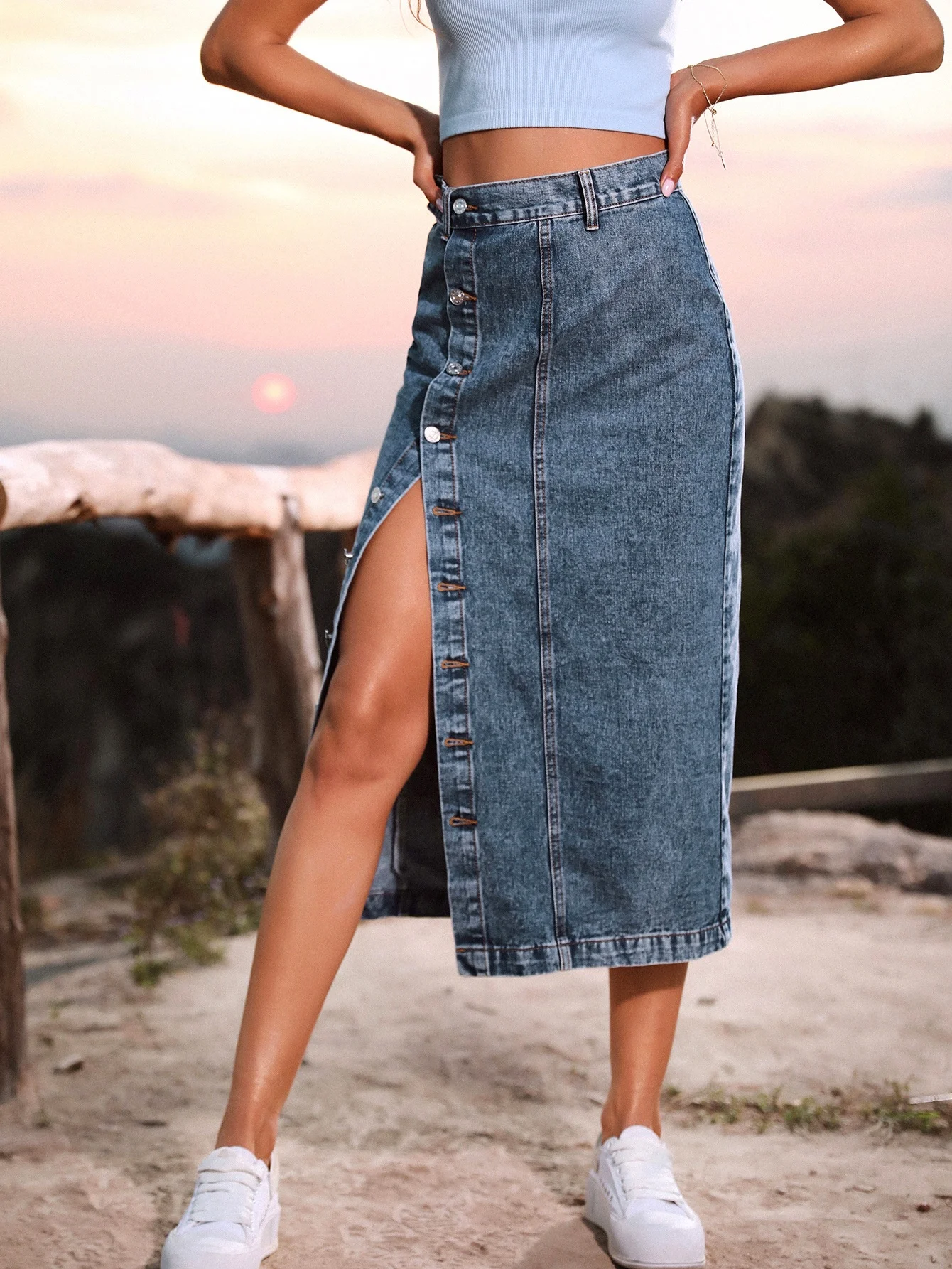 Hot Sales Button Bag Hip Women Denim Pencil Skirt Side Slit Blue Jean Skirt