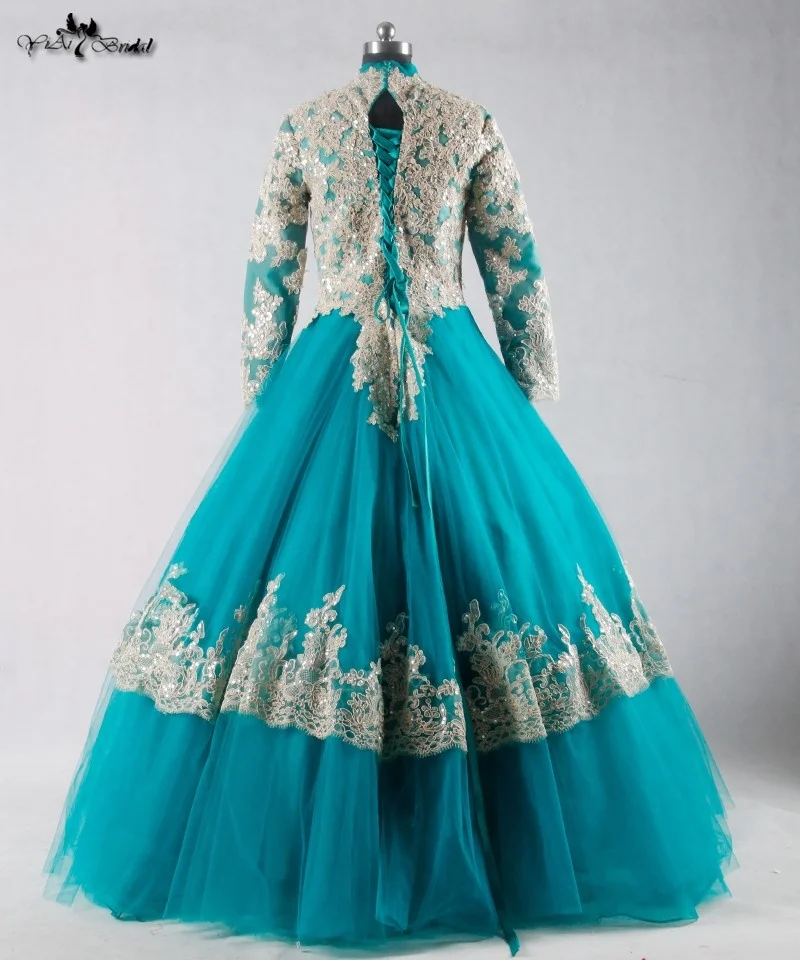 RSE695 Elegant Muslim Long Dress Islamic Clothing Green And Gold High Neckline Indian & Pakistani Clothing