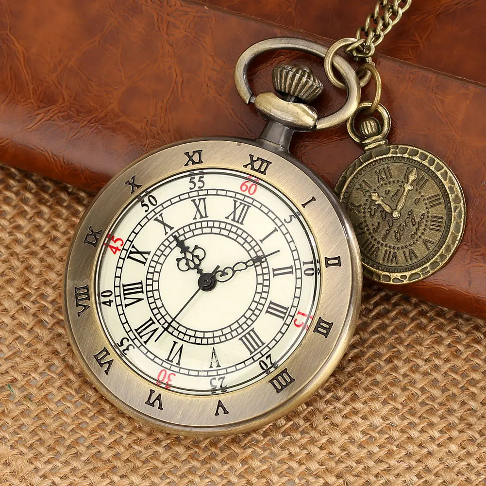 Souvenir Gift Roman Numeral Double Time Zone Dial Vintage Bronze Men Pocket Watch with Necklace Pendant Chain