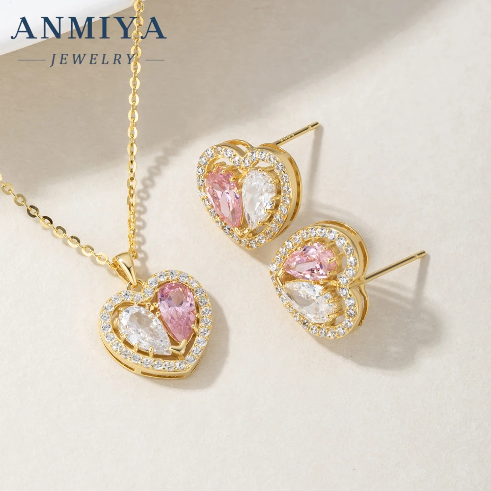 ANMIYA Hypoallergenic 18k gold heart pink zircon high quality brand necklace 925 silver earrings set