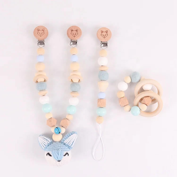 High Good Quality 3pcs/set Cartoon Animal Fox Shape Wooden Pacifier Chain Baby Chew Toy Teether Set