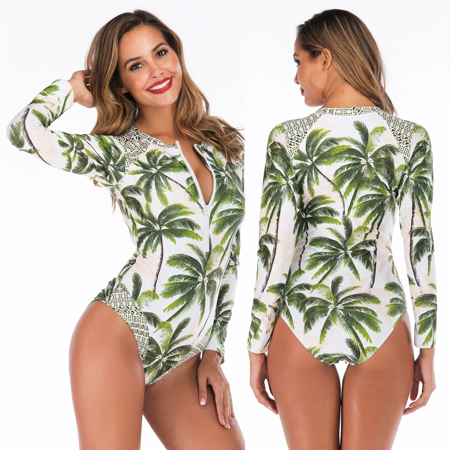 AOSHILI Women UPF 50+ Rash Guard Long Sleeve Swimsuits Floral Print Zipper Surfing One Piece swimsuit Wetsuit Swimwear