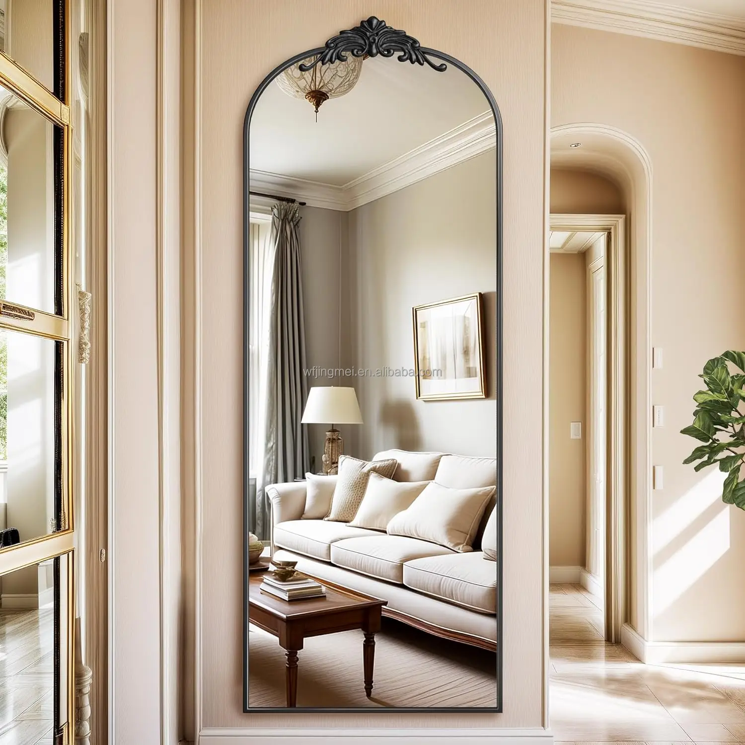 Arched Full Length Mirror,  Floor Mirror Freestanding with Carved Metal Frame, Traditional Vintage Ornate Baroque Mirror