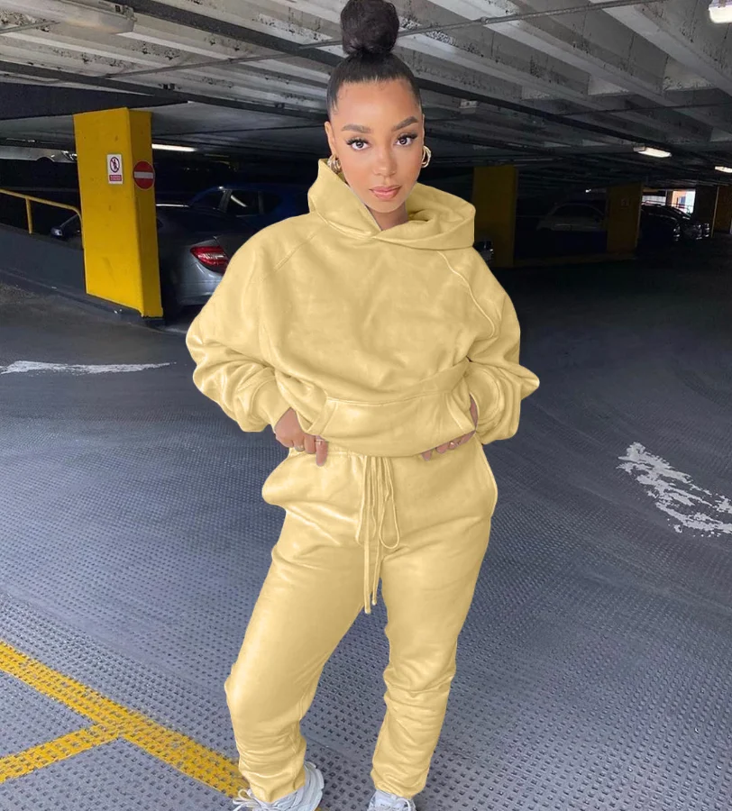 Повседневный осенний Однотонный женский комплект из свитера и брюк с капюшоном