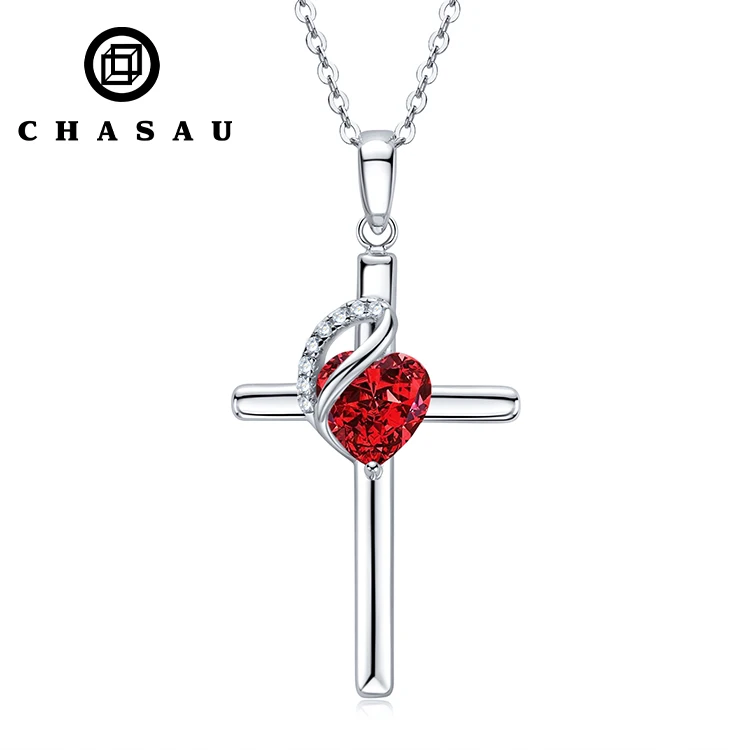 Wholesale 925 Sterling Silver heart shape 7mm 1 carat Cubic Zircon CZ 12 Months Birthstone cross Pendant Necklace