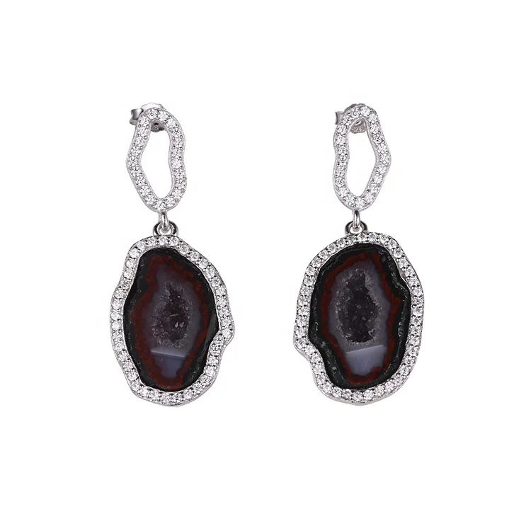 Italian Handmade Small Crystal Geode Cave 925 Sterling Silver Women Earrings