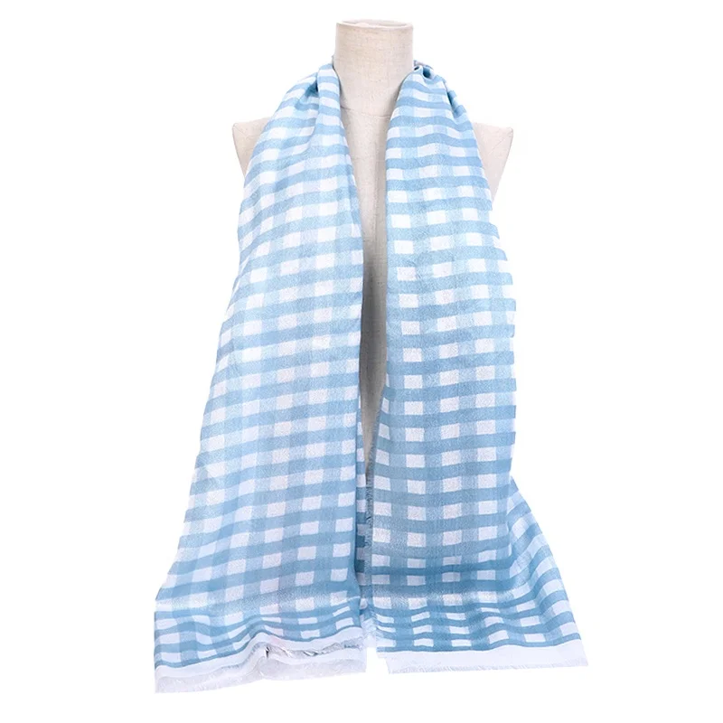 Lake Blue Striped Plaid Printed Silk Satin Scarf Ladies Luxury Brand Design Scarf Women