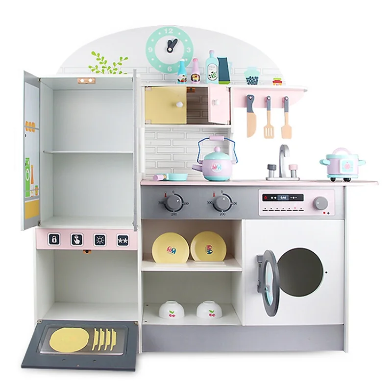 Wooden Pretend Play Toy Cooking Simulation Refrigerator Stove Kitchen Kit Educational Large Kitchen Set Toys For Children 3 To 6