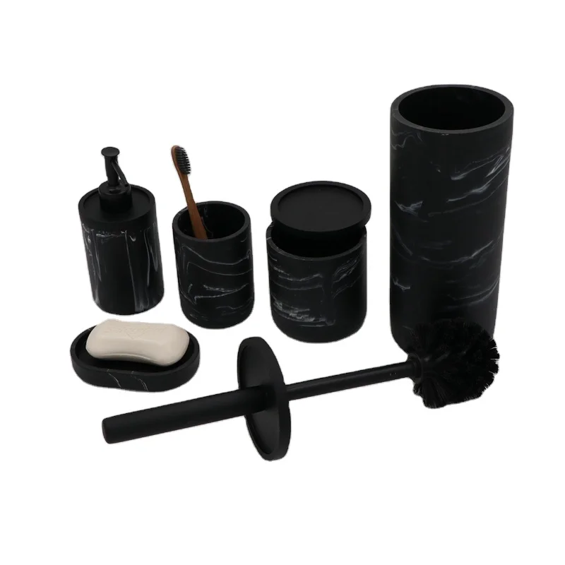 Toothbrush Holder Toilet Brush Dispenser Pump Bottle Soap Dish Mouthwash Cup Imitate Marble Black Resin Bathroom Accessory Set