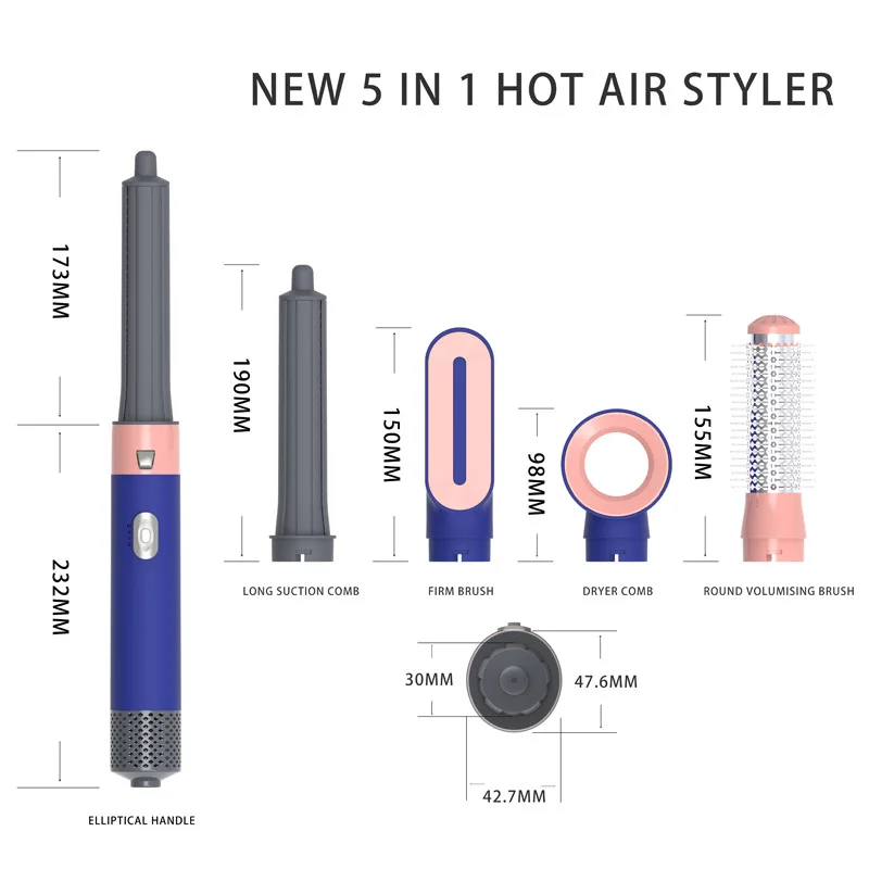 New 5 in 1 blower model multi functional hair hot air comb automatic curling iron hair dryer