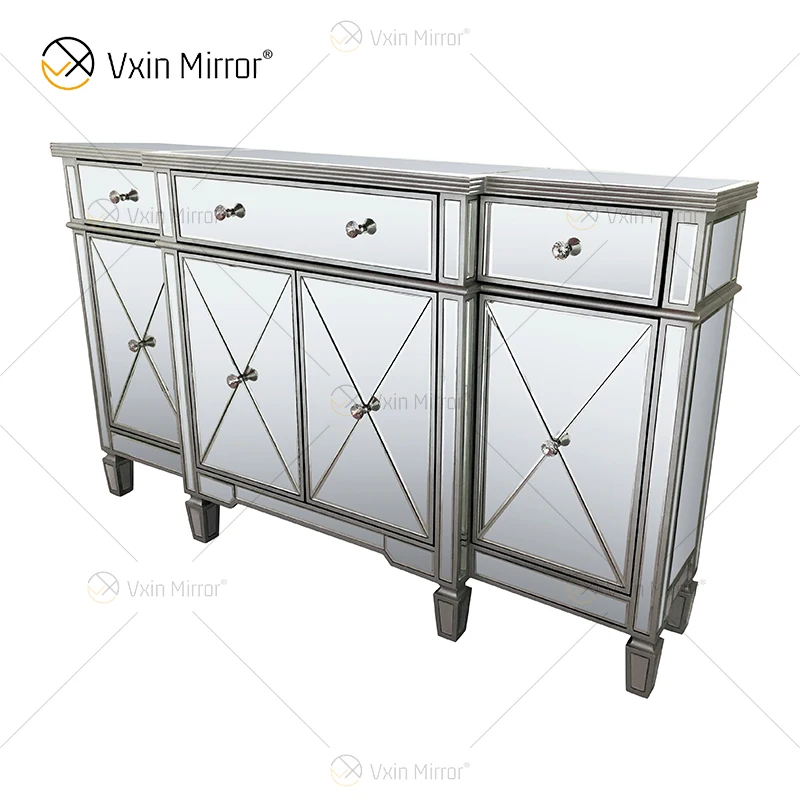 WXF-027-1 Champagne silver Home Decor Mirored Cupboard Cabinet  With Muti Drawers