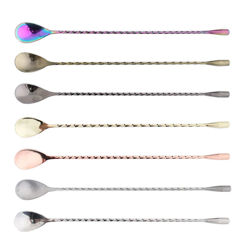 Custom Logo Stainless Steel Bar Spoon 27/30/33/40/50cm Swizzle Stick Cocktail Silver Gold Black Cocktail Spoon
