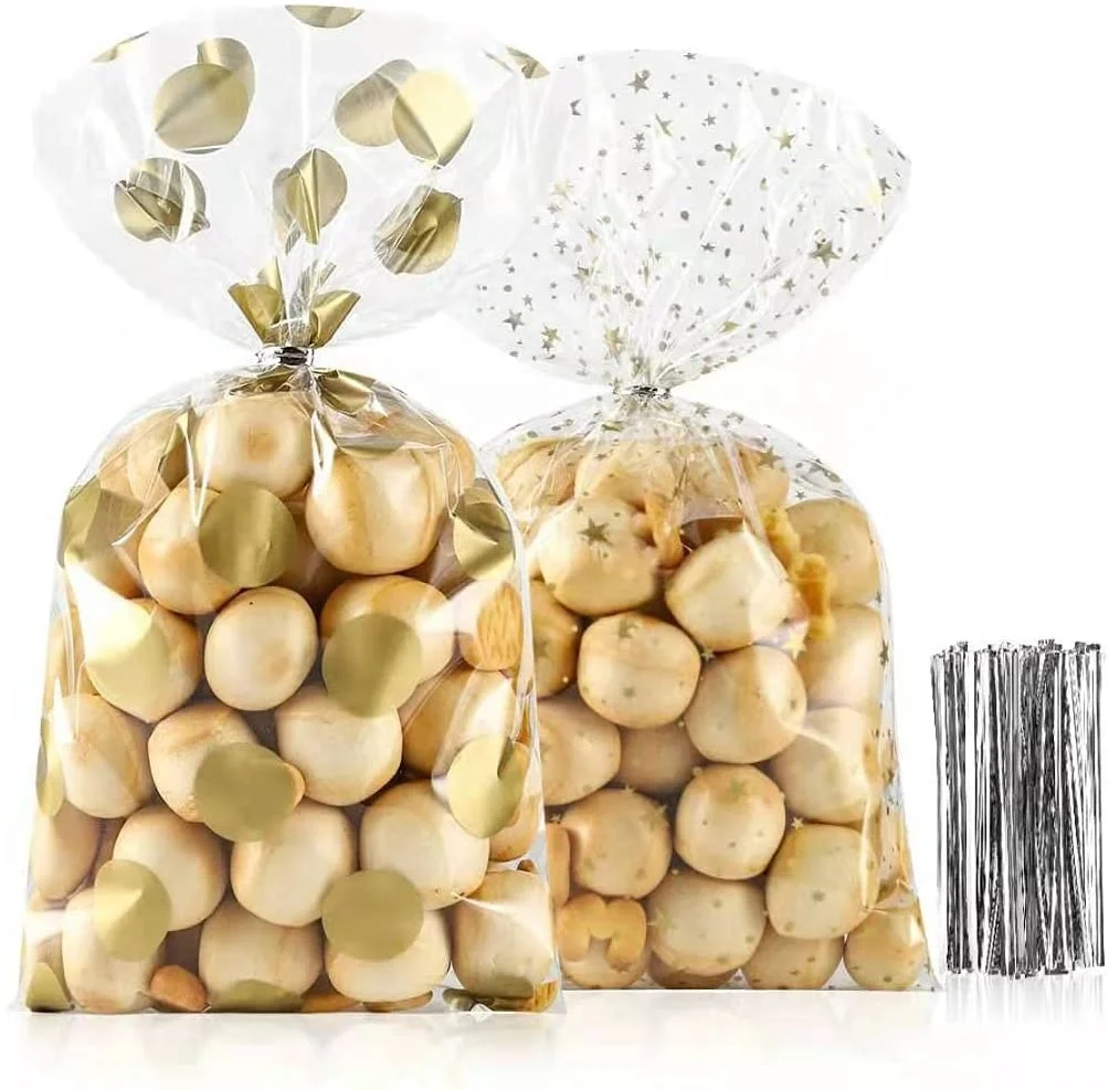 Gold Polka Dot Printed 50 PK Clear Cello Bags Plastic Cellophane Treat Bags for Bakery Candies Dessert Packing