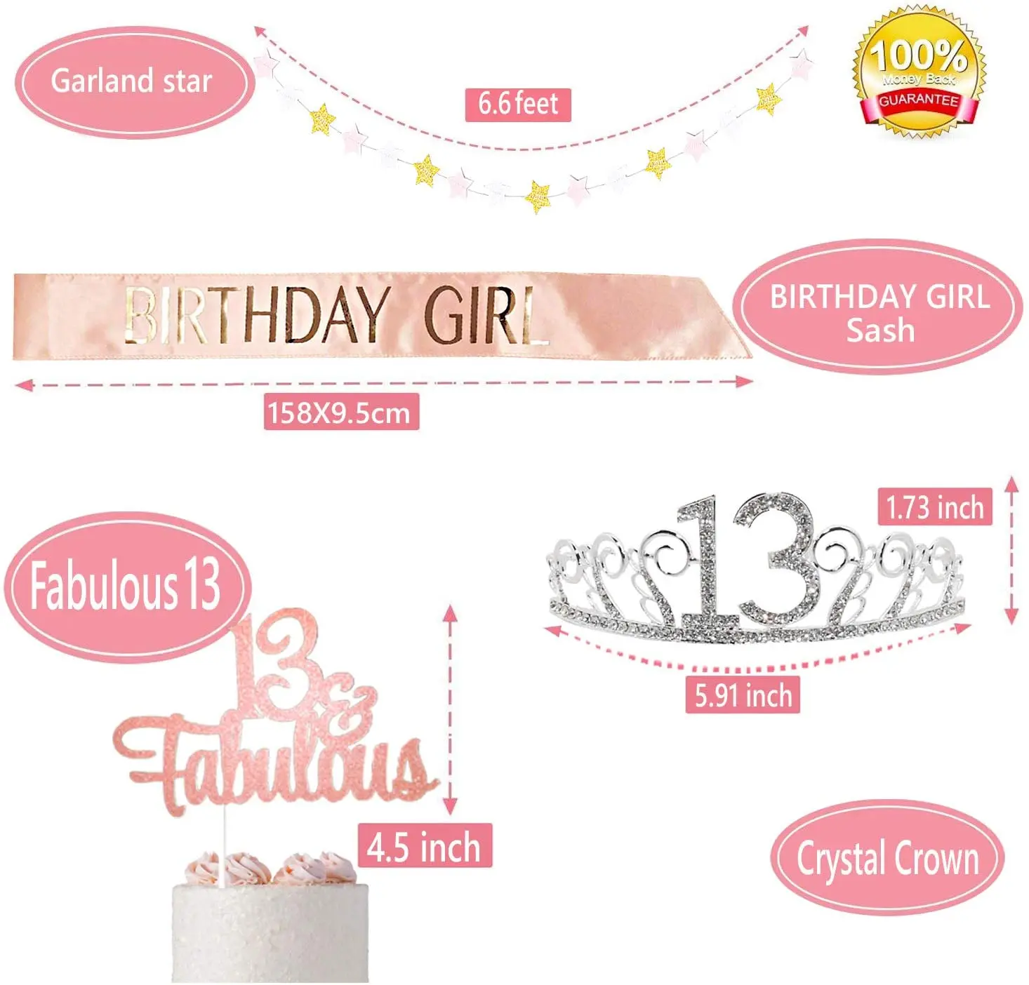 
13th Birthday Party Supplies Cake Topper Confetti Balloons Silver Curtain Backdrop Props Rose Gold Happy Birthday Banner 