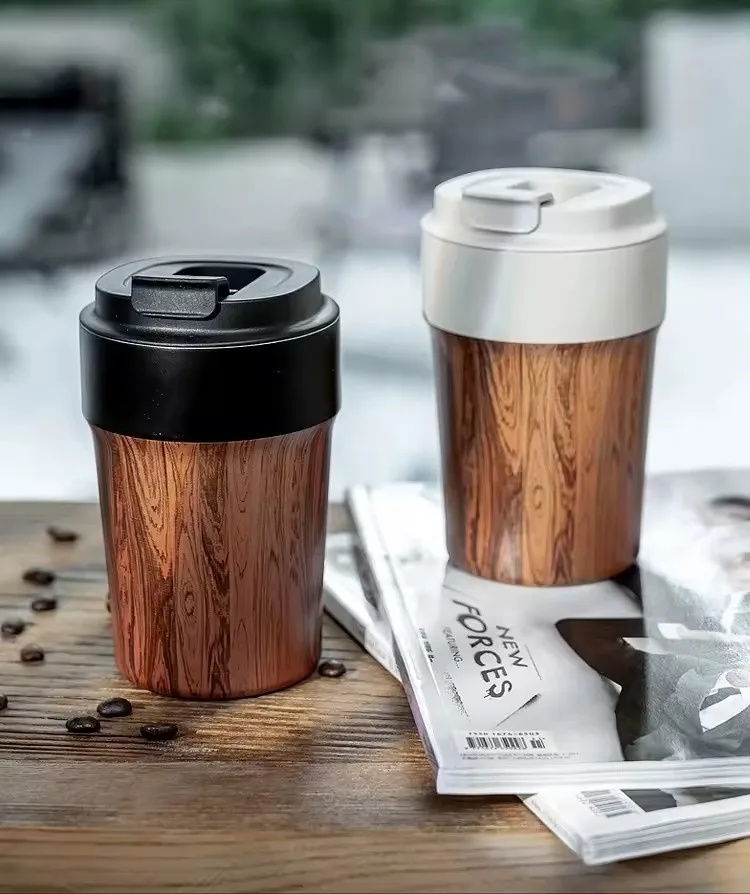 High-Grade Portable Vintage Wood Grain Thermal Cup Casual Coffee Bottle Exquisite round Metal Design Large Capacity Business Use