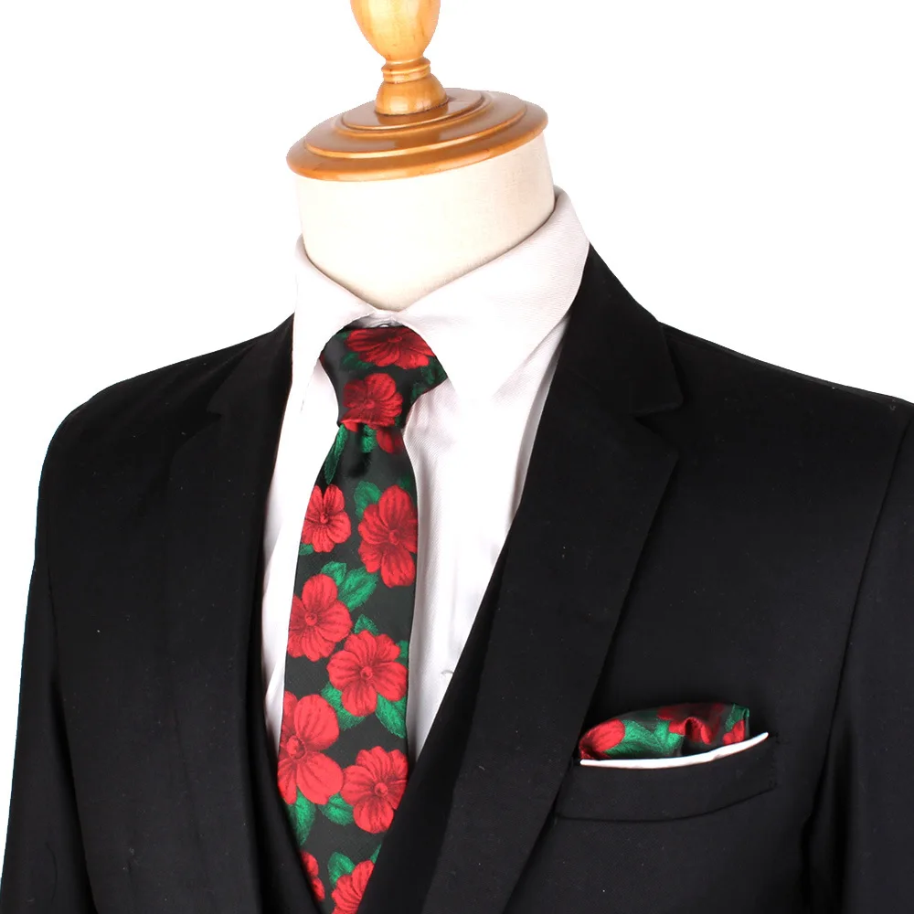 Groom Wedding Necktie Wholesale Mens Ties Red Floral Bowtie Handkerchief Suits For Party Banquet Cheap Custom Tie Black Cravat