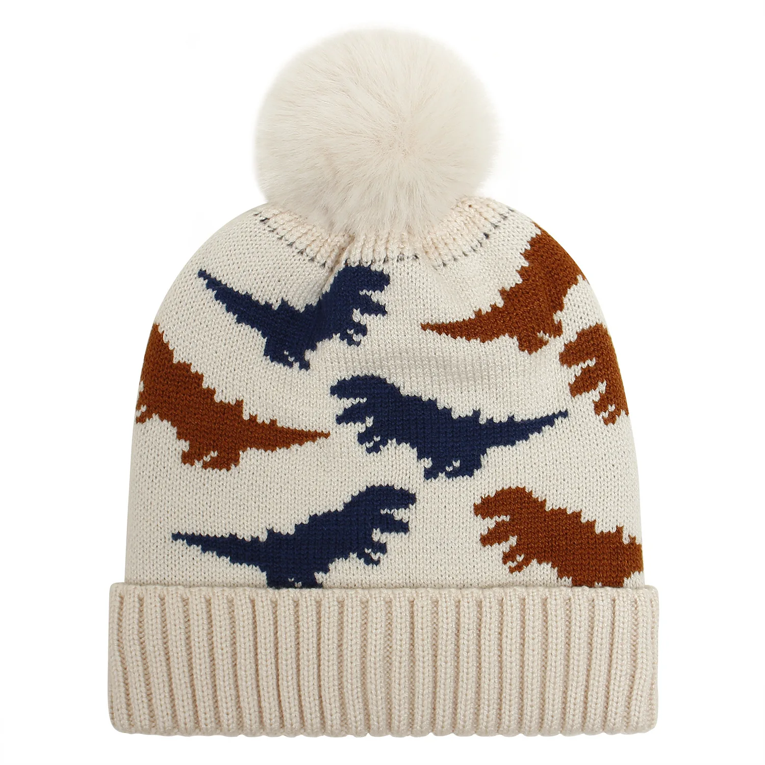 New Design Winter Baby Beanies Hats Custom High Quality Thick Warm Pom Pom Dinosaur Knitted Baby Kids