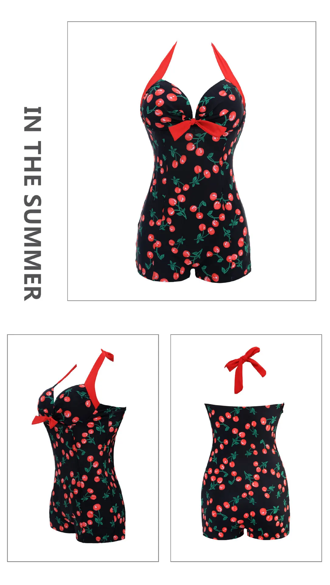 
2020 new Black and white dot bikini conservative ladies cherry plus size swimwear women one piece swimsuit 