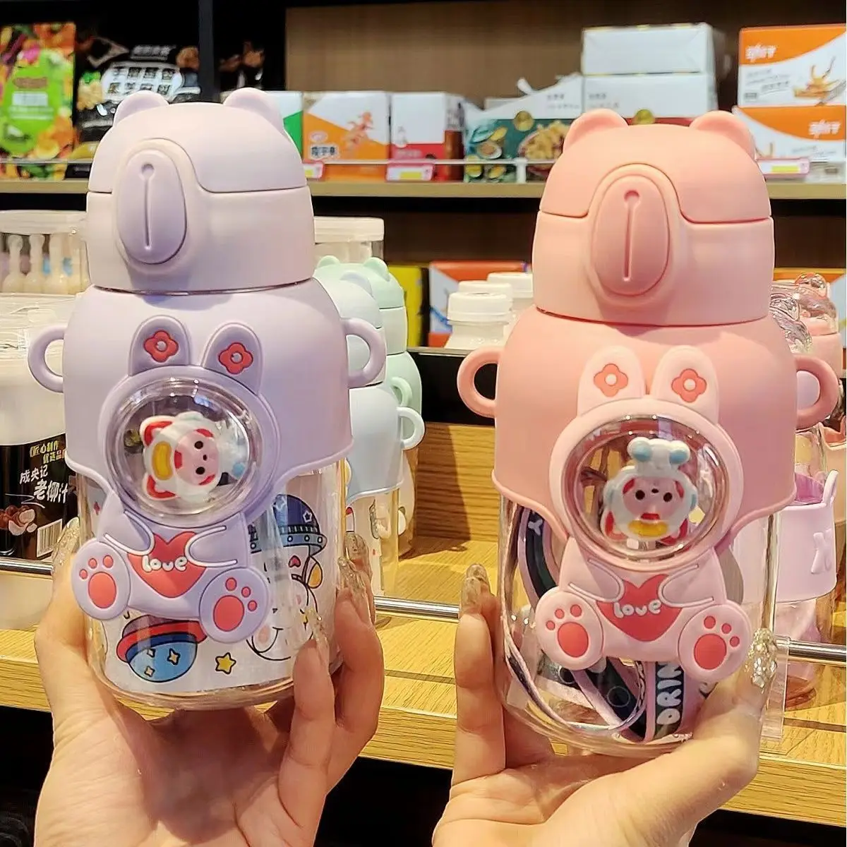 Cute Design Cartoon Plastic Water Bottle Kids 600ml Bpa Free Water Bottles Cup With Strap And Straw
