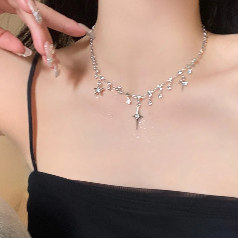 Shining Stars Pendant Clavicle Chains for Women Water Droplet Rhinestone Cross Moon Necklaces Jewelry Party Gifts