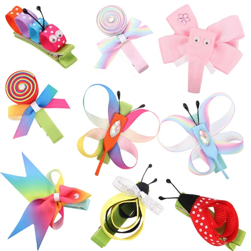 Cute Animal Butterfly Fruit Lollipop Barrettes Hairgrips Cartoon Hairpins for Girls Kids Handmade Ribbon Hair Clips