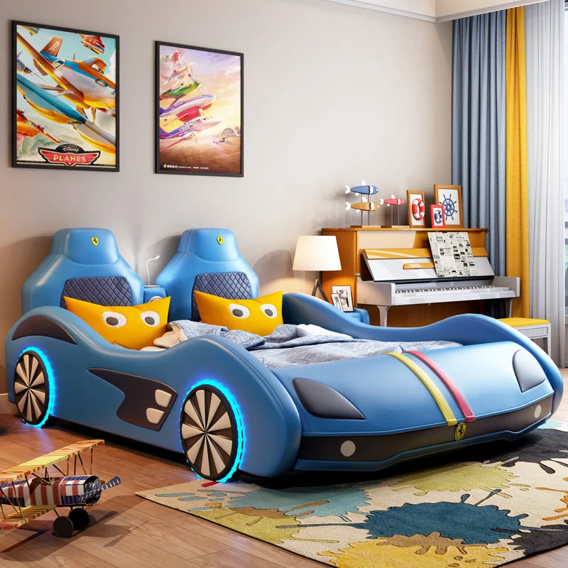 Modern Kids Children Car Bed Customized Wood Bedroom Furniture Music Led Light Upholstered Single Child Bunk Bed for School