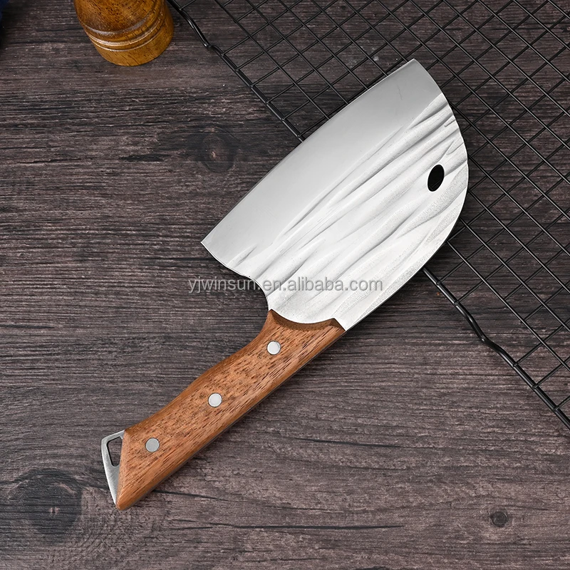 High Quality Kitchen Cleaver Knife Chopper with Hammered Steel Blade and PP Handle round Nose Knife with Wooden Handle