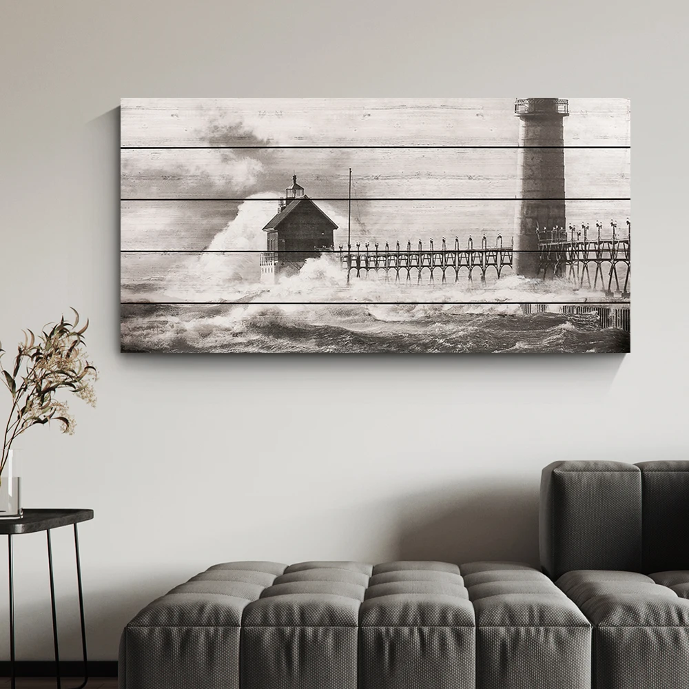 Черно-белое искусство с изображением пейзажа УФ-печать на деревянной стене искусство