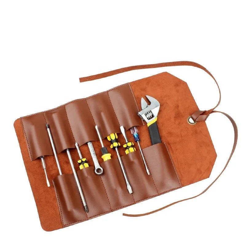 Topgood Waterproof PU Handmade Soft Leather pu Roll bag Tools Bag with 10 Pockets for electrician