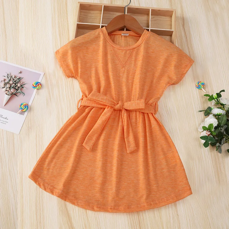 Custom Girls Kids Cotton Dresses Party Princess Designs Frock Short Sleeves Cotton Children Girl Dress With Belt