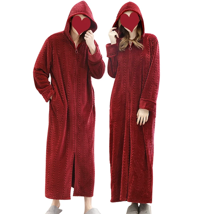 Men Flannel Warm Robe Cozy Fluffy Long Sleeves Hooded Robes Bathrobe Pajamas Couple Home Plush Night Dressing