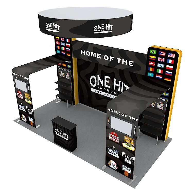 20x10ft Tool Free Aluminum Trade Show Equipment Shelf Display Stand LOGO Printed Ceiling Banner Custom Exhibition Booth Design