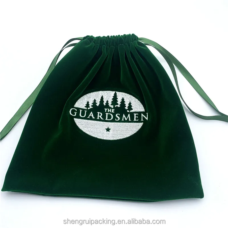 Custom Green Velvet Embroidery Bag for Cosmetics Ribbon Drawstring Velvet Dust Handbag Bags
