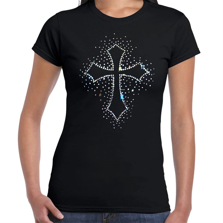 T Shirt Tshirt Bling Rhinestone Oem Custom Logo High Quality 100% Cotton Women Casual Woven Crew Neck Printed Nonwoven Regular