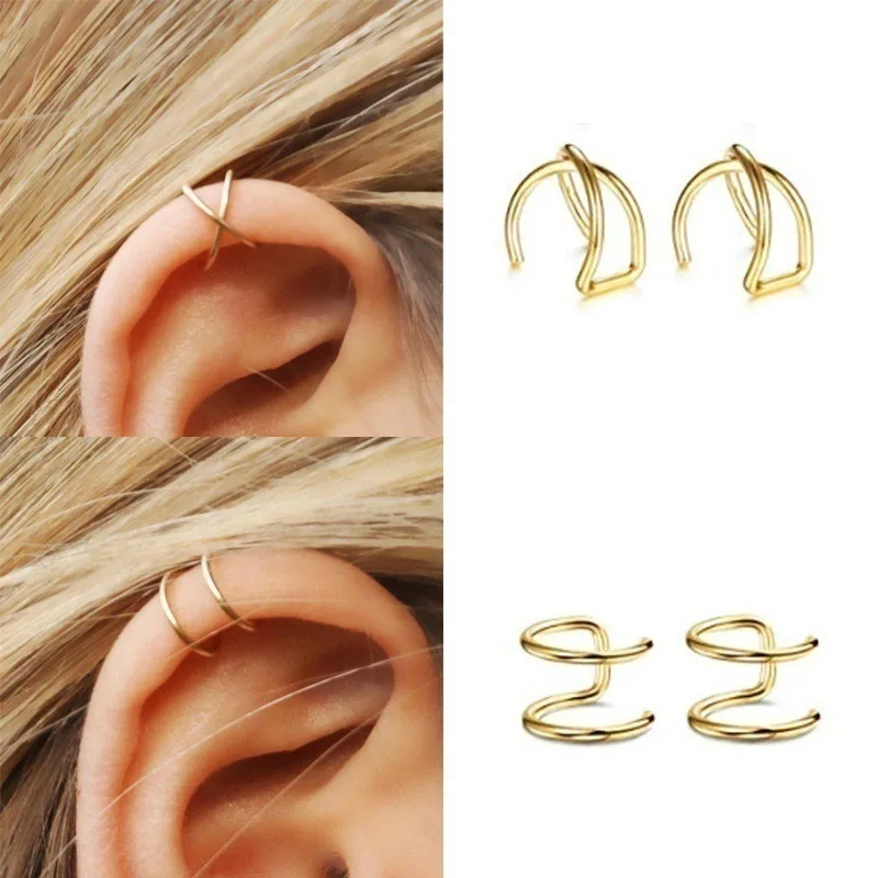 2021 Earrings Fashion Cross Over Ear Cuff Gold plating Single Ear Piercing Earrings for women