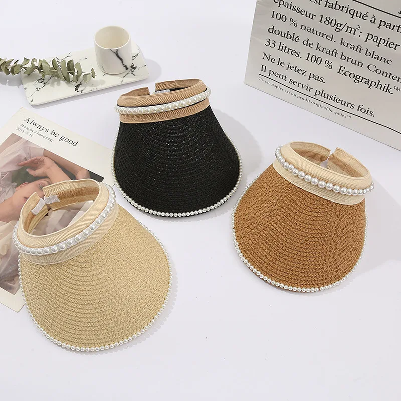 Woman Girl Summer Pearl Straw Visor Cap Empty Top Clip Hat Beach Cycling Golf Sun Protection Hat Korean Japan Fashion Visor Caps