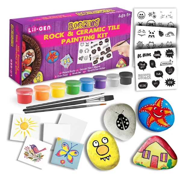 2020 Amazon hot and new Art Transfer Stickers Arts and Crafts Rock Painting Kit with Brush,Paint Colors, Magnets